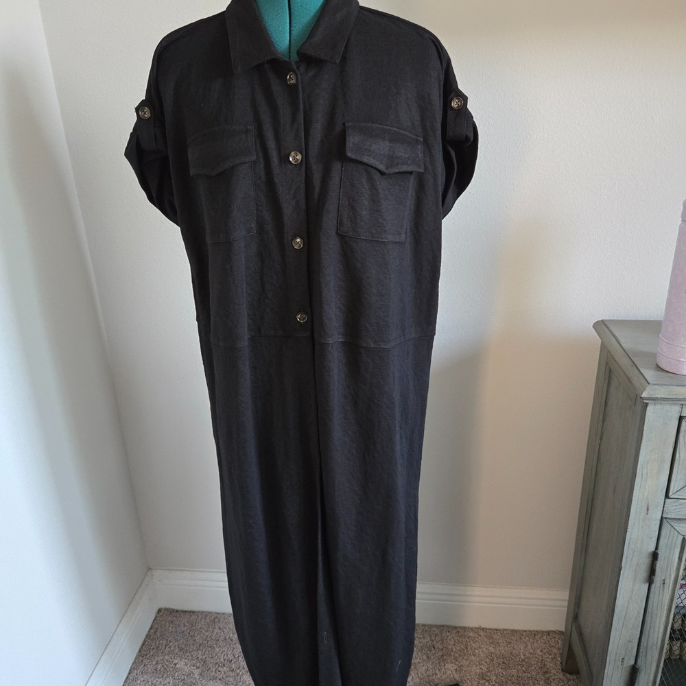 Ann Taylor Black Midi Button up Size XXL Cap Sleeves Stretchy Back Waist Panel